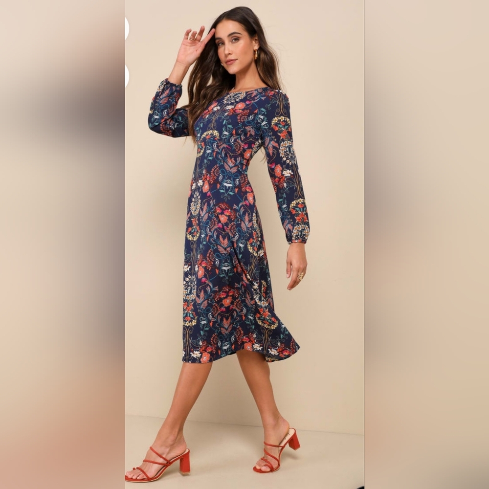 Navy Blue Floral Print Long Sleeve Midi Dress